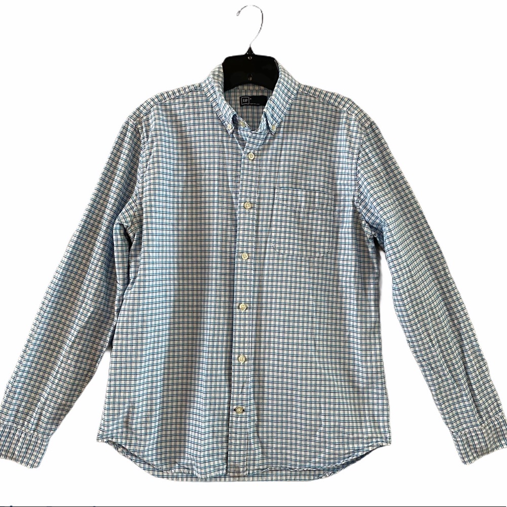 Gap Blue and White Long Sleeve Button Down Plaid Shirt